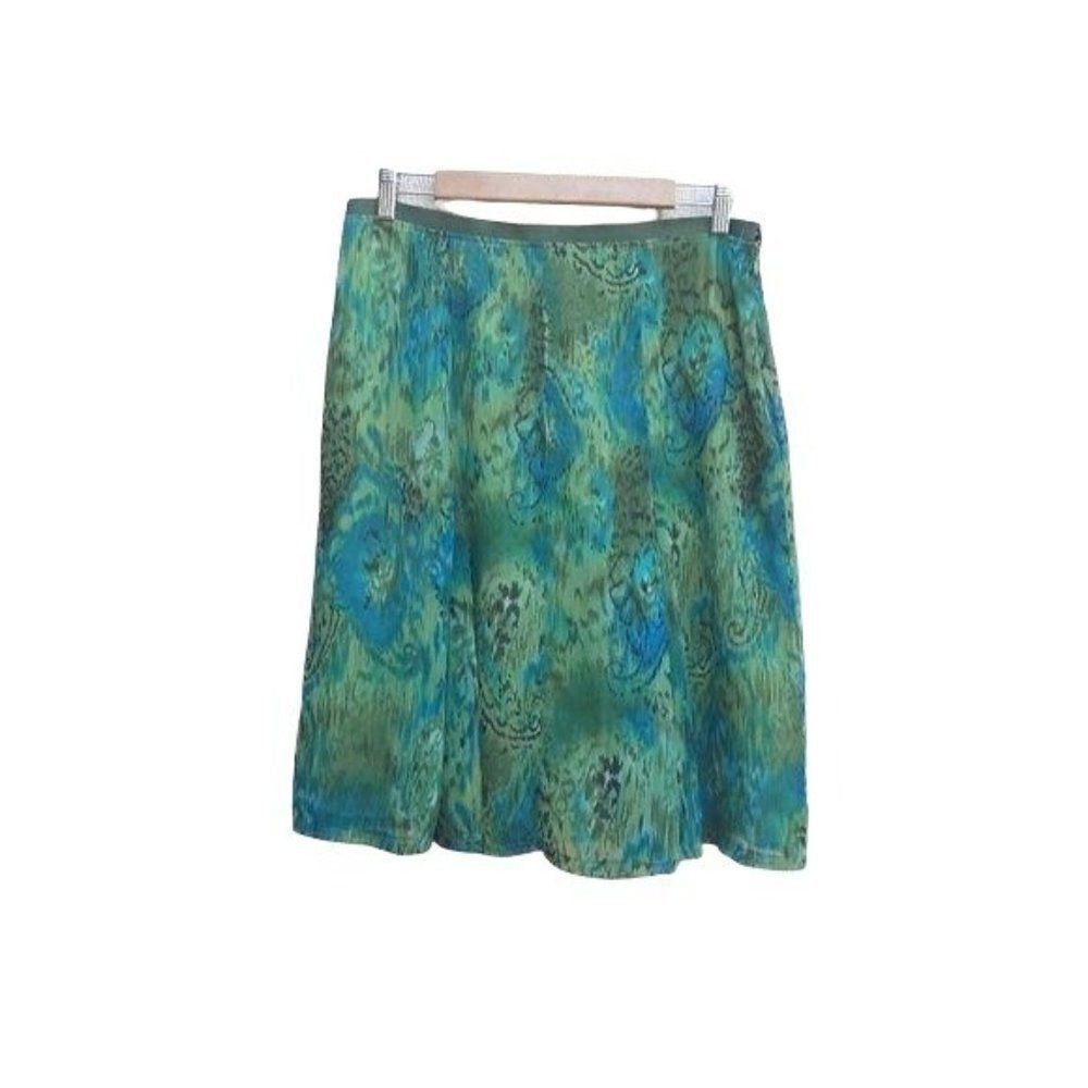 Vtg Worthington Skirt‎ Sheer Watercolor Peacock Godet Full Midi Green Sz 12